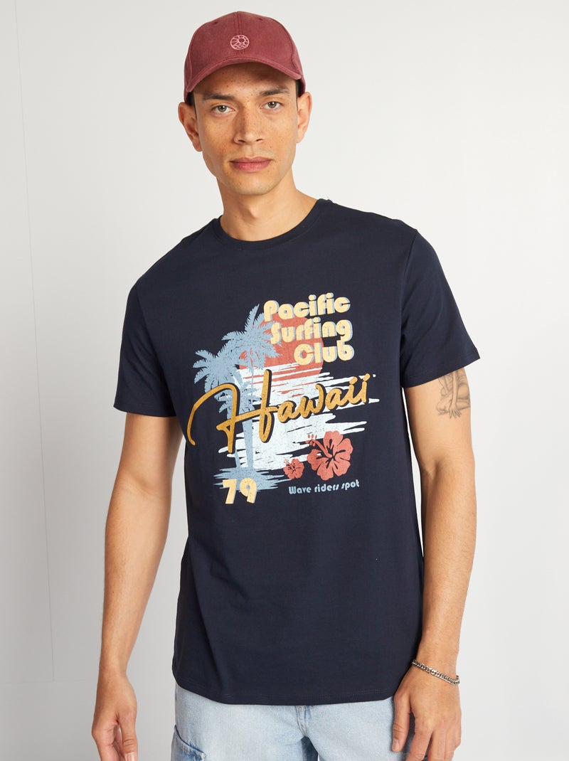 Katoenen T-shirt met print en ronde hals BLAUW - Kiabi