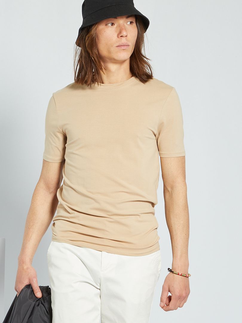 Katoenen T-shirt met ronde hals - Muscle-fit BIEGE - Kiabi