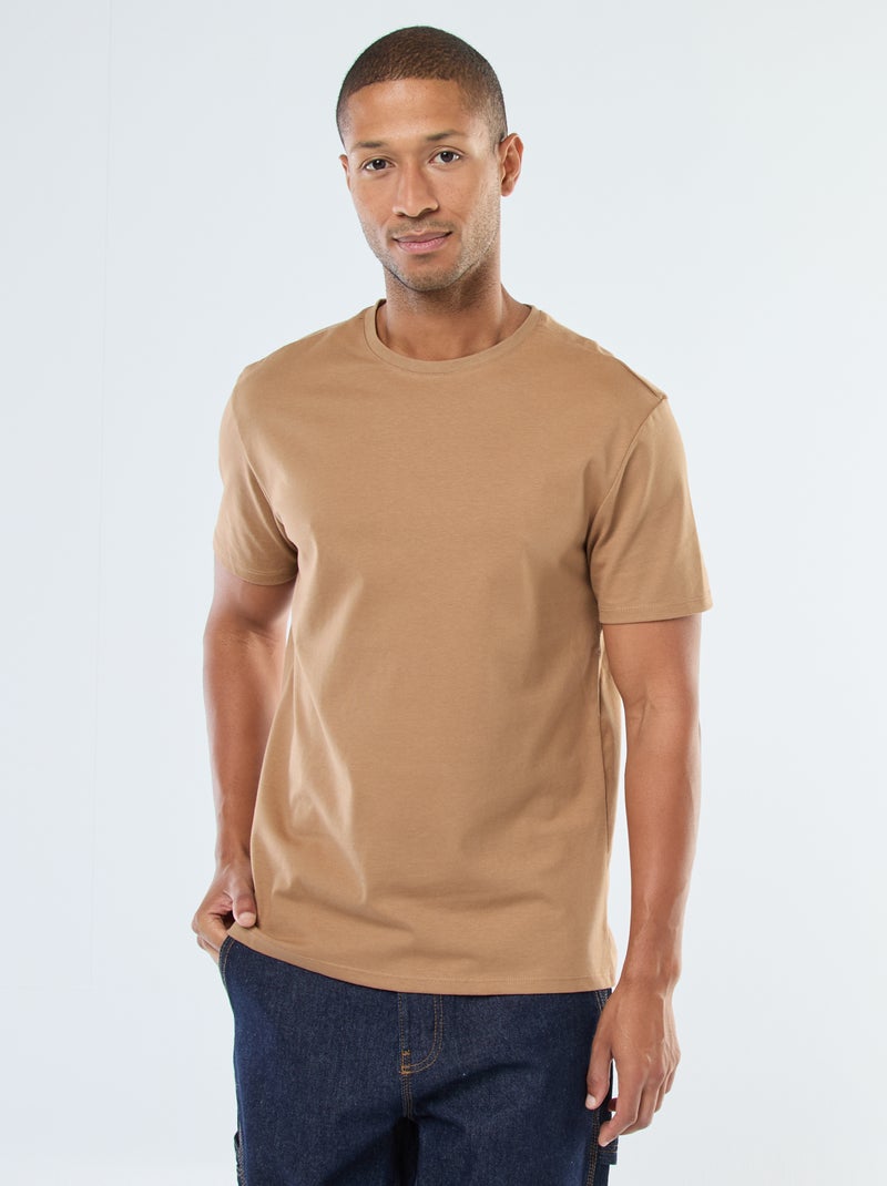 Katoenen T-shirt met ronde hals Biege - Kiabi