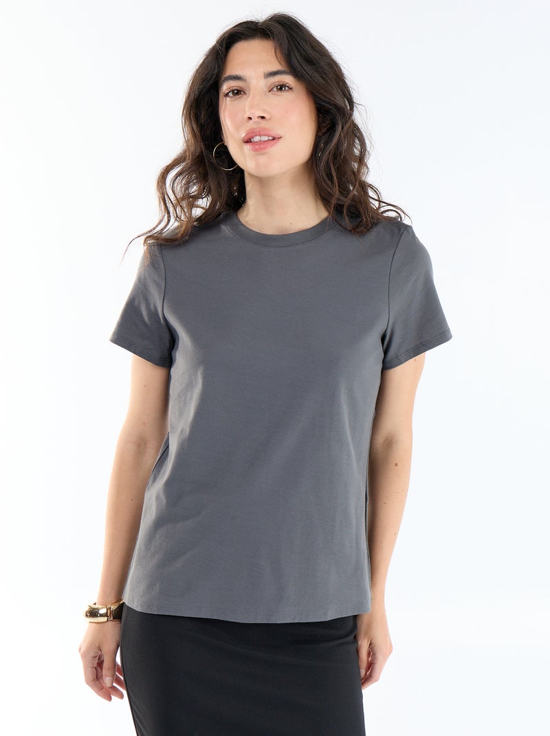 Katoenen T-shirt voor dames met ronde hals en korte mouwen Grijs - Kiabi
