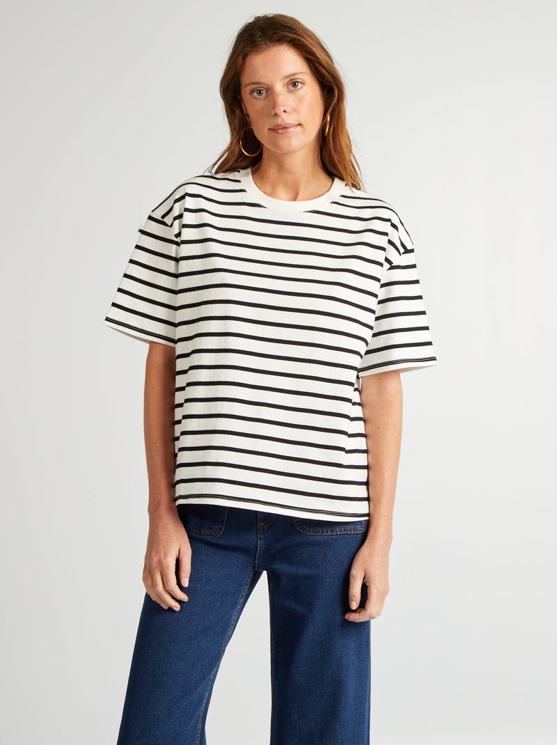 Katoenen T-shirt voor dames met ronde hals en korte mouwen WIT - Kiabi