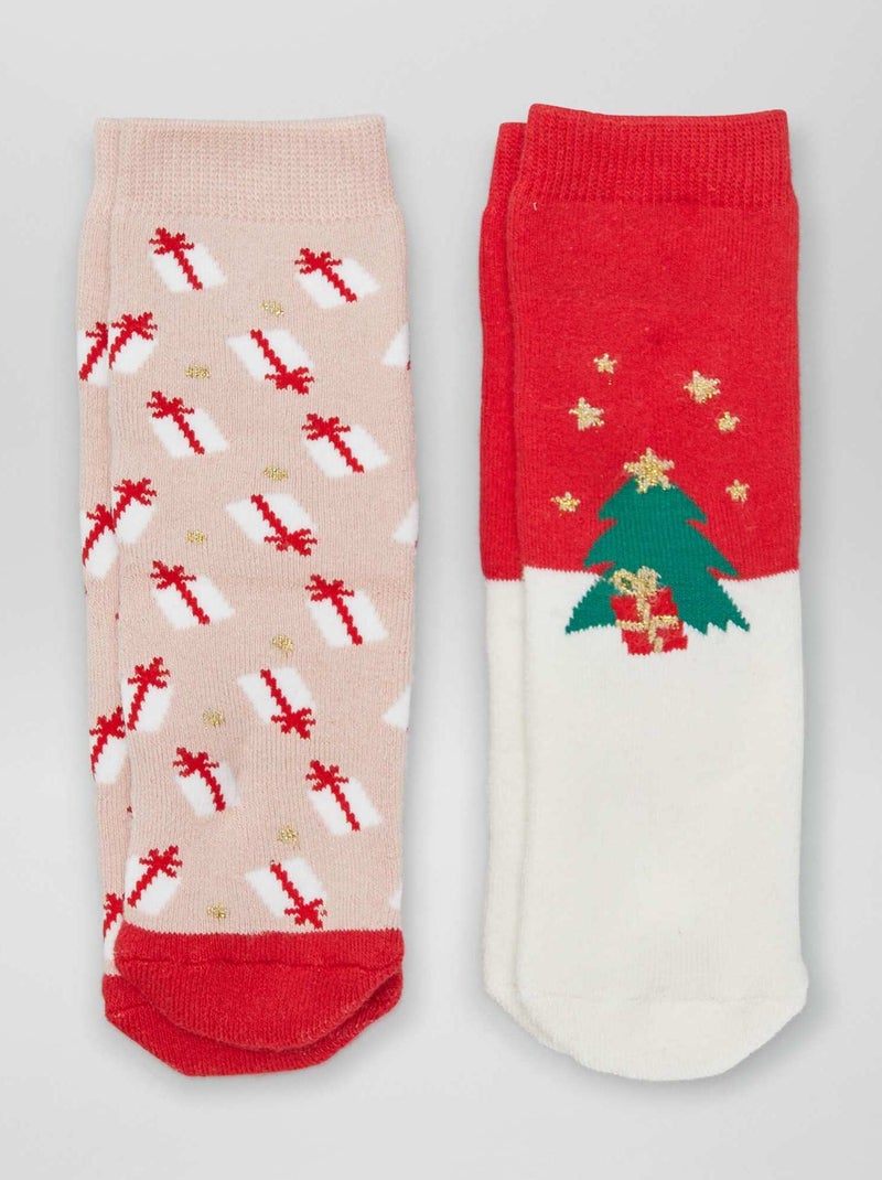Kerstsokken met kerstboom- en cadeautjesprint - Set van 2 paar ROOD - Kiabi