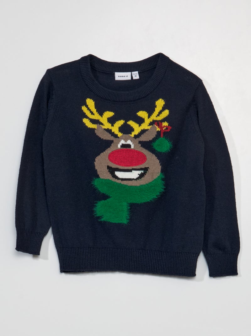 Kersttrui met rendierhoofd BLAUW - Kiabi