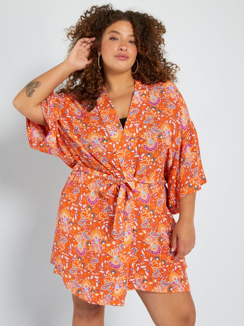 Kimono met print van crêpeachtige stof ORANJE - Kiabi