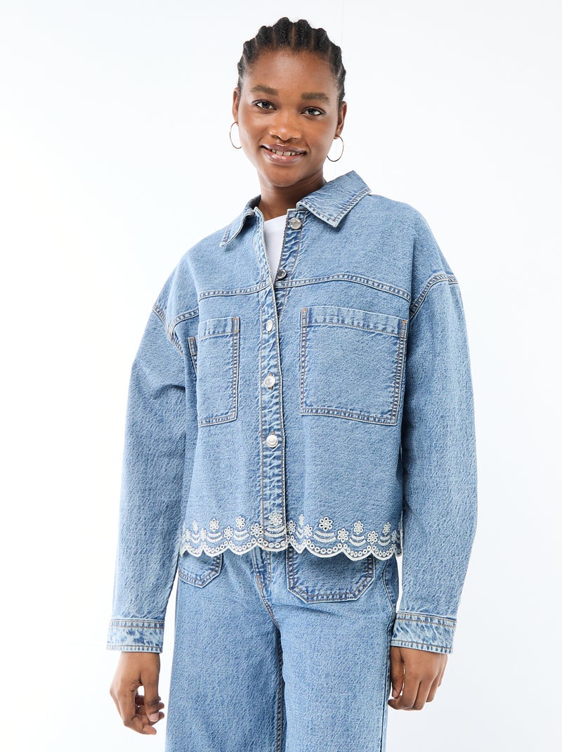 Knopen denimjas met effen katoenen borduursel Blauw - Kiabi
