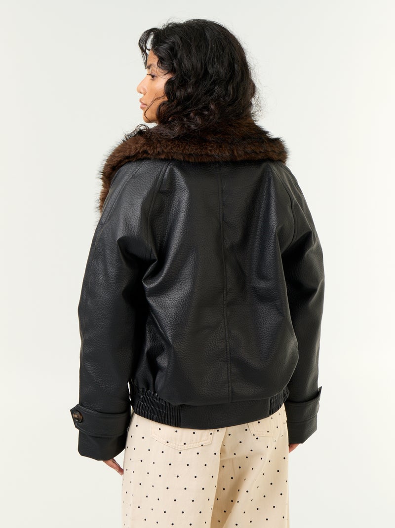 Kort jasje van imitatieleer met afneembare kraag van imitatiebont Zwart - Kiabi