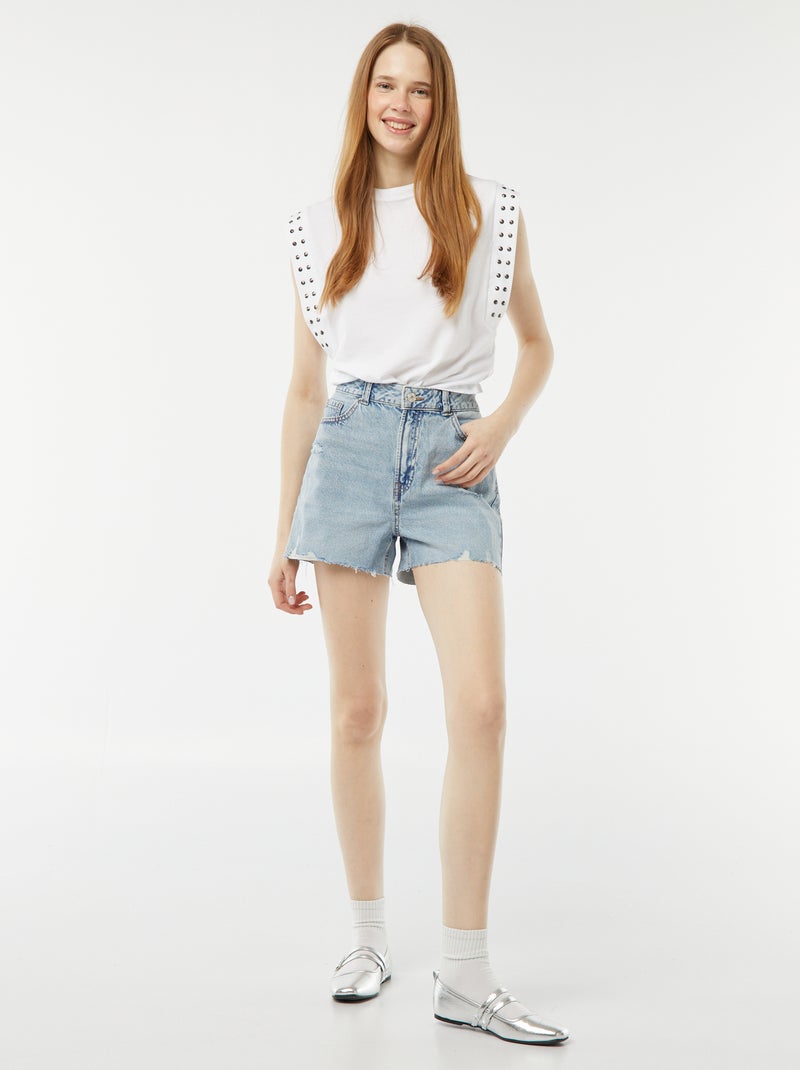 Kort spijkershort met decoratieve slijtplekken en raw-cut afwerking BLAUW - Kiabi