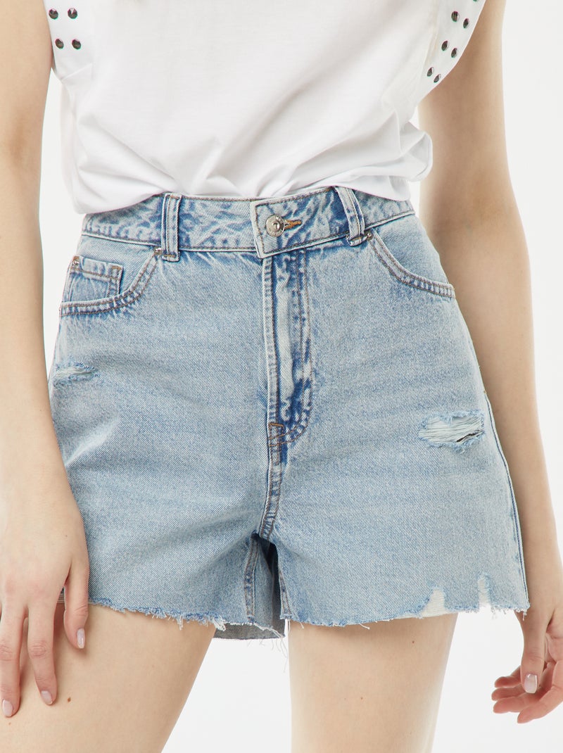 Kort spijkershort met decoratieve slijtplekken en raw-cut afwerking BLAUW - Kiabi
