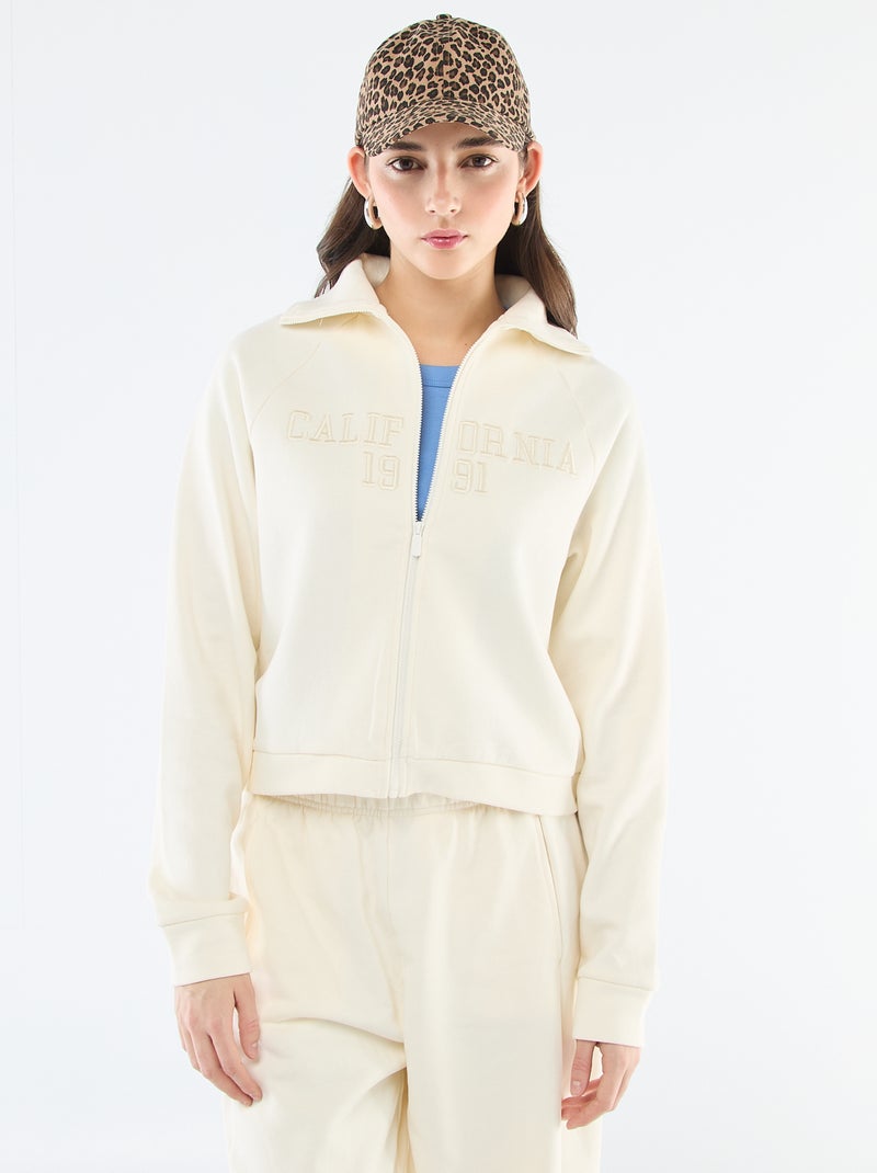 Kort sweatshirt met rits en geborduurde boodschap Biege - Kiabi