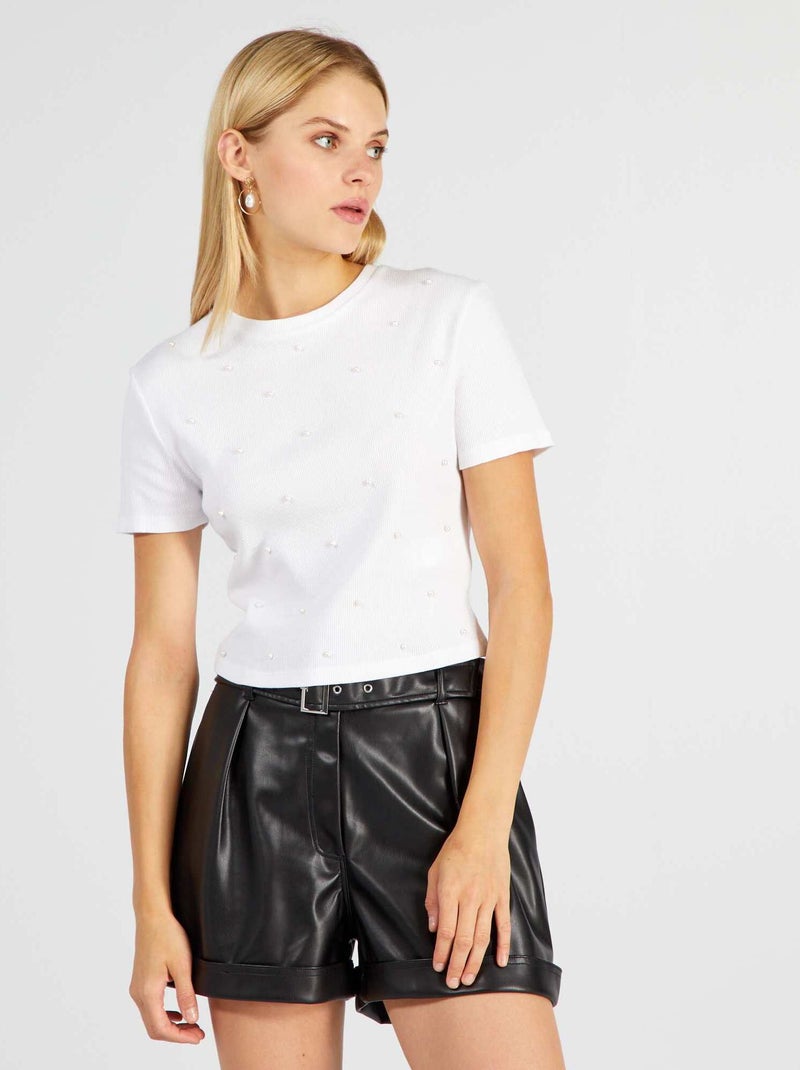 Kort T-shirt met kralen wit - Kiabi