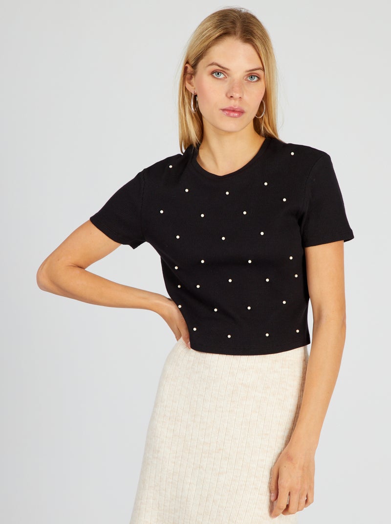 Kort T-shirt met kralen zwart - Kiabi