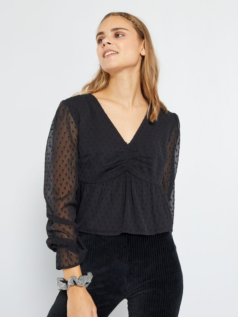 Korte blouse van plumetis zwart - Kiabi