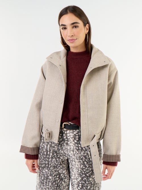 Korte jas in wollook met geïntegreerde riem - Kiabi