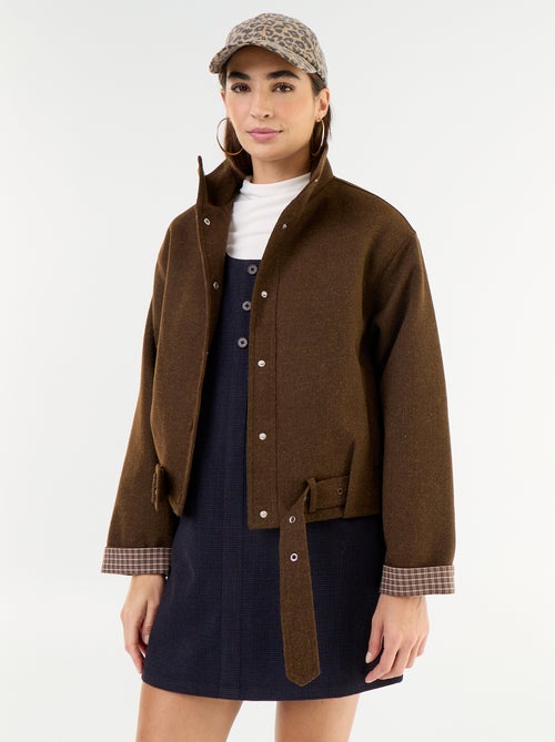 Korte jas in wollook met geïntegreerde riem - Kiabi