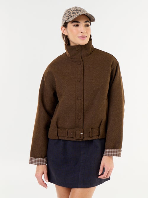 Korte jas in wollook met geïntegreerde riem - Kiabi