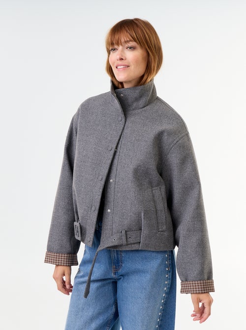 Korte jas in wollook met geïntegreerde riem - Kiabi