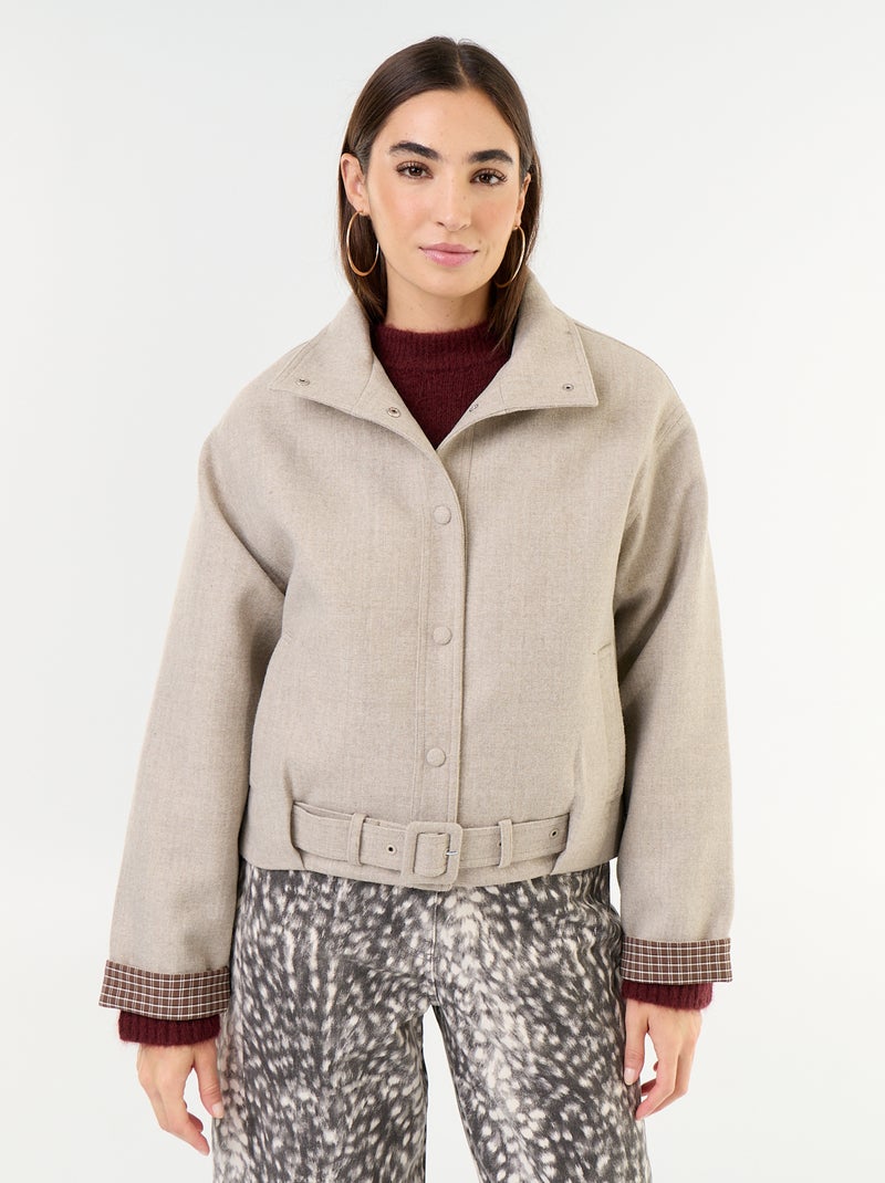 Korte jas met wollook en geïntegreerde riem Biege - Kiabi