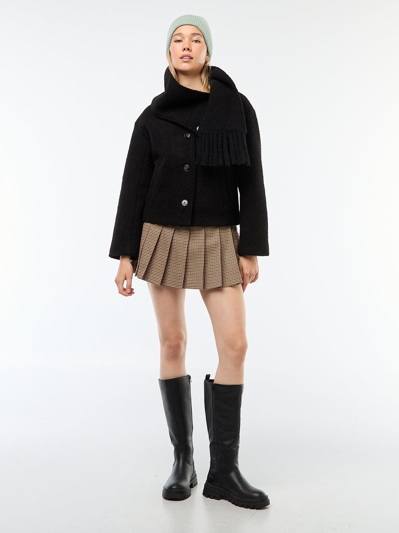 Korte jas van wolachtige stof met afneembare sjaal zwart - Kiabi