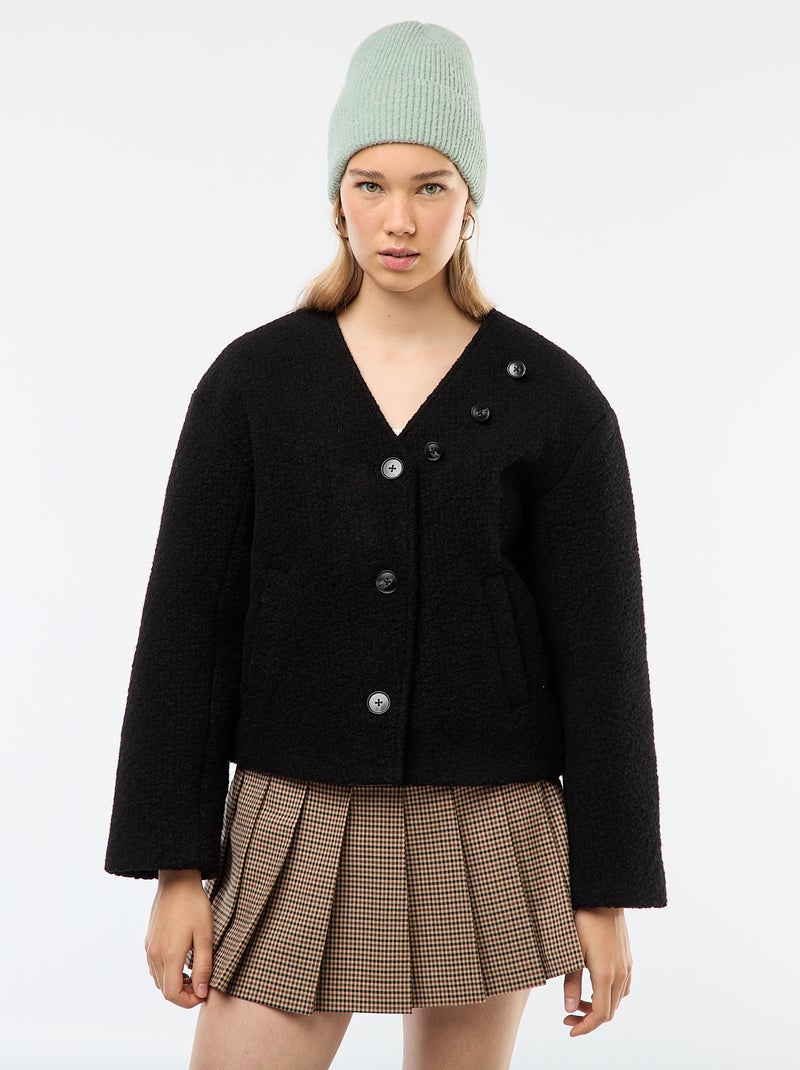 Korte jas van wolachtige stof met afneembare sjaal zwart - Kiabi