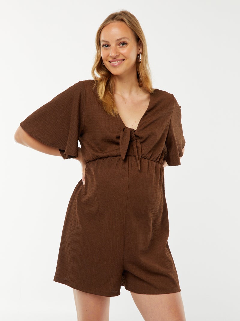 Korte jumpsuit van gewafelde stof - Zwangerschapsmodel bruin - Kiabi