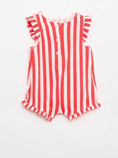 Korte jumpsuit van katoenen jerseytricot met ruches aan de mouwen - Kiabi