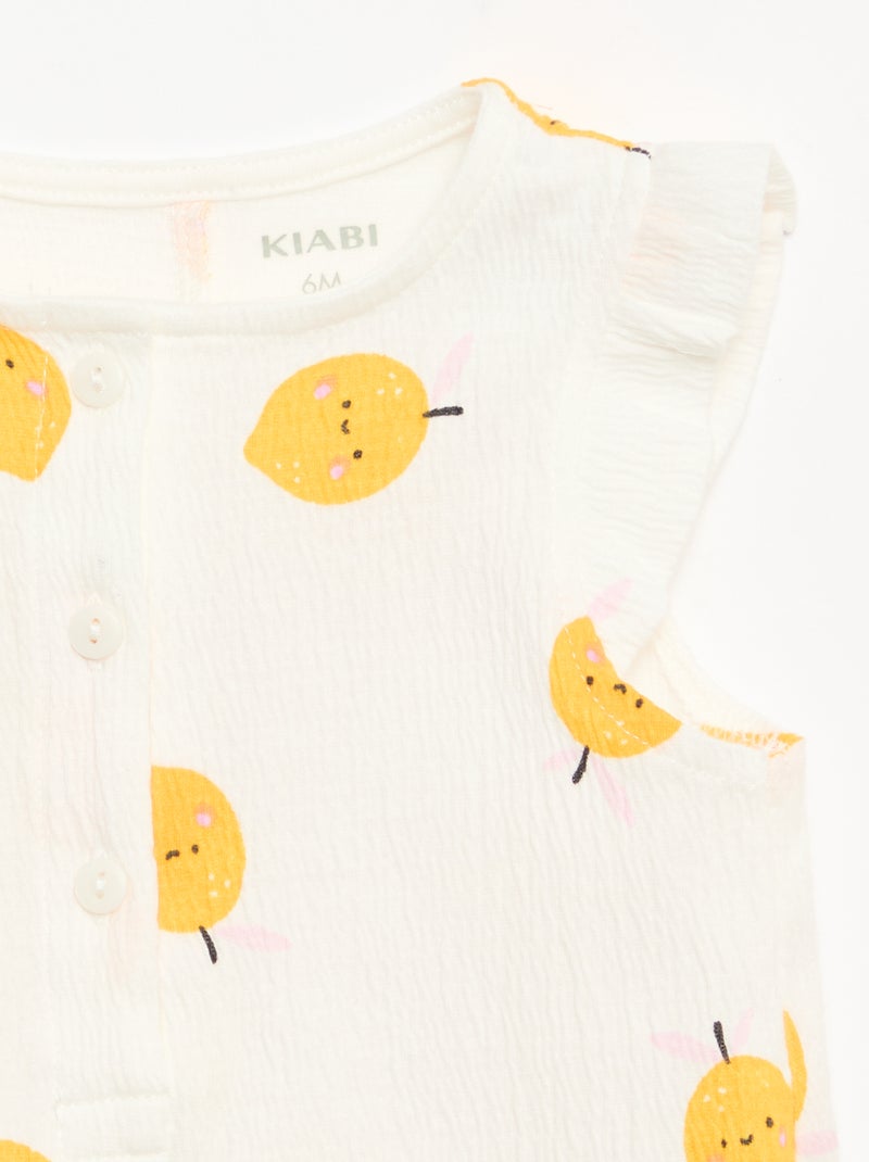 Korte jumpsuit van katoenen jerseytricot met ruches aan de mouwen Wit - Kiabi