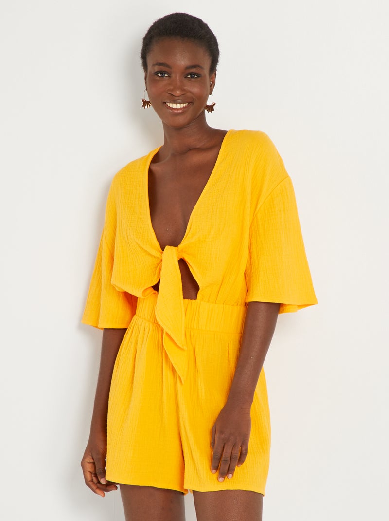 Korte jumpsuit van luchtig katoen oranjegeel - Kiabi