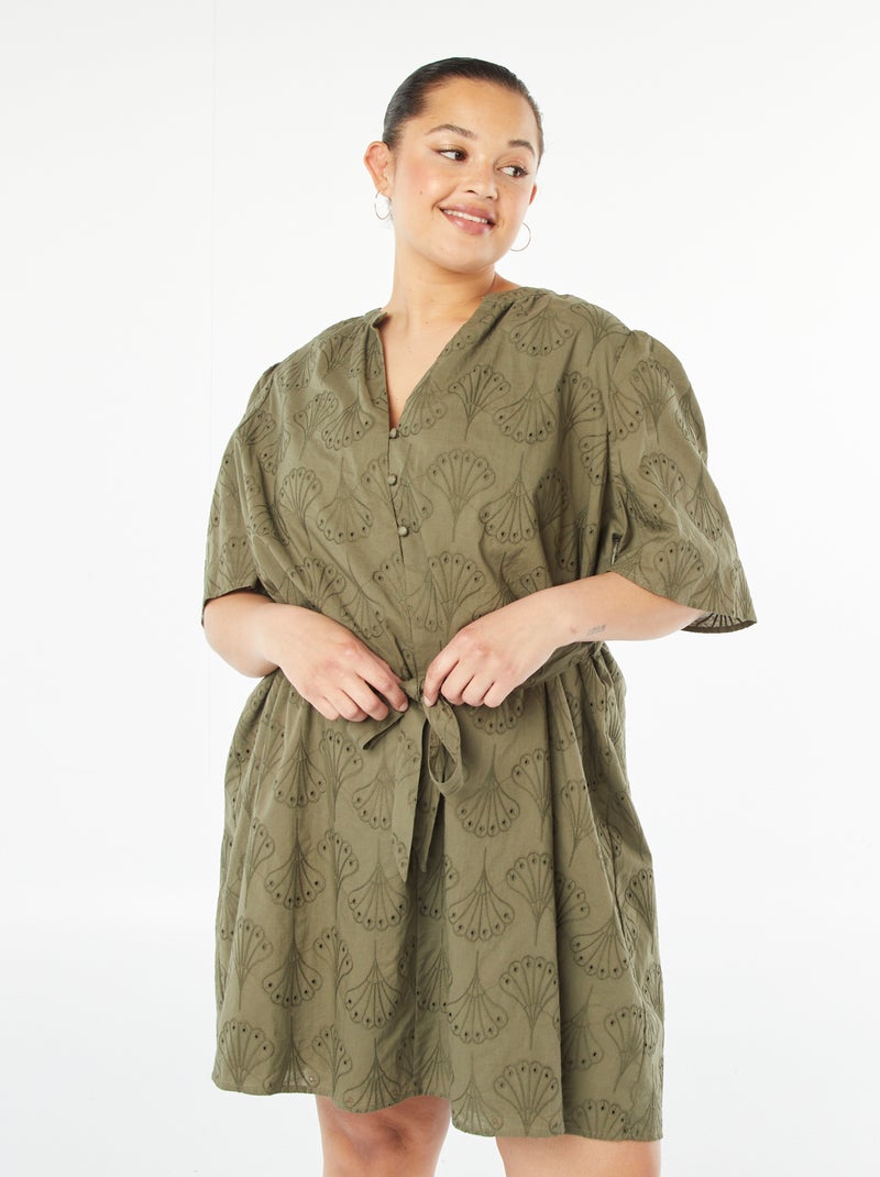 Korte jurk met broderie anglaise Kaki - Kiabi