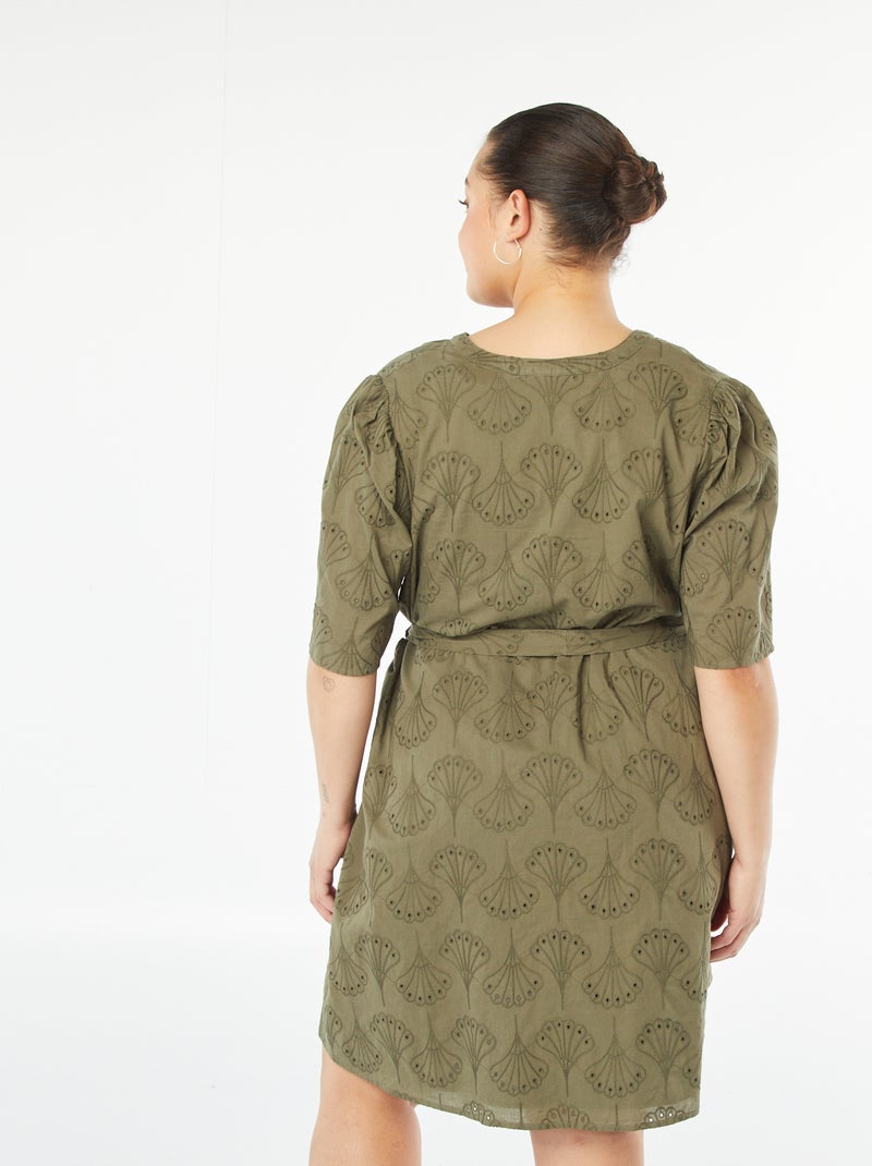 Korte jurk met broderie anglaise Kaki - Kiabi
