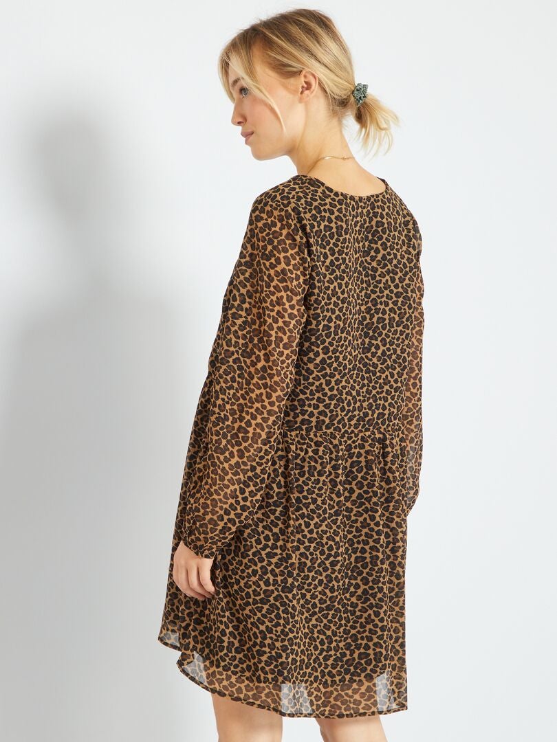 Korte jurk met print en ruches BRUIN - Kiabi