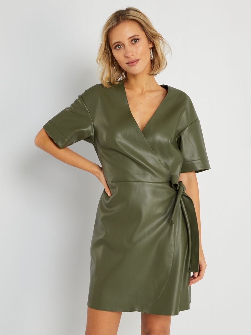Korte jurk met strikceintuur donkergroen - Kiabi