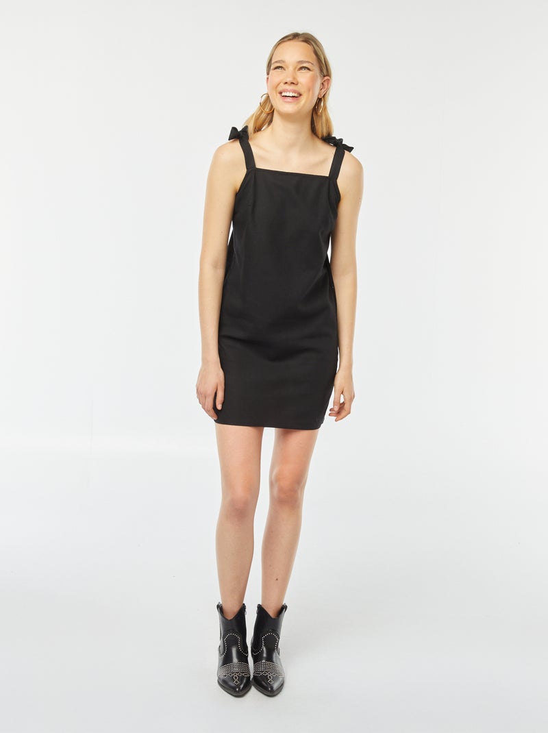 Korte jurk met vierkante hals en strik-schouderbandjes zwart - Kiabi