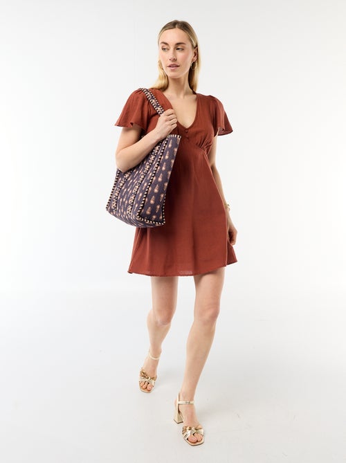 Korte jurk met vlindermouwen van katoen en linnen - Kiabi