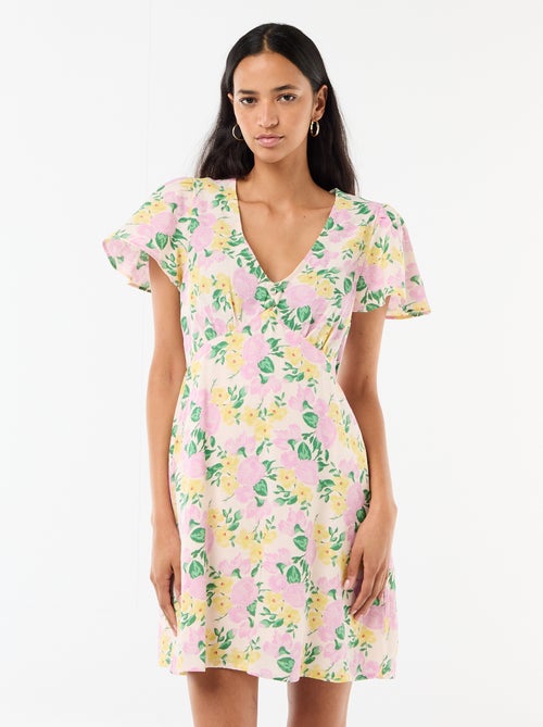 Korte jurk met vlindermouwen van katoen en linnen - Kiabi