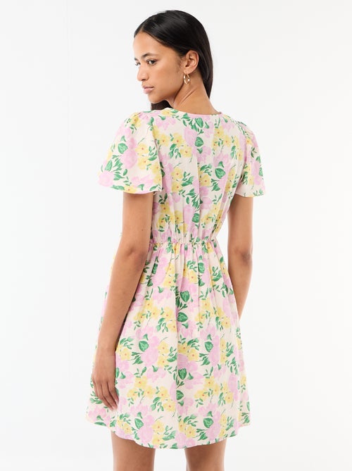 Korte jurk met vlindermouwen van katoen en linnen - Kiabi