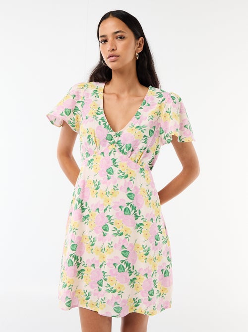 Korte jurk met vlindermouwen van katoen en linnen - Kiabi