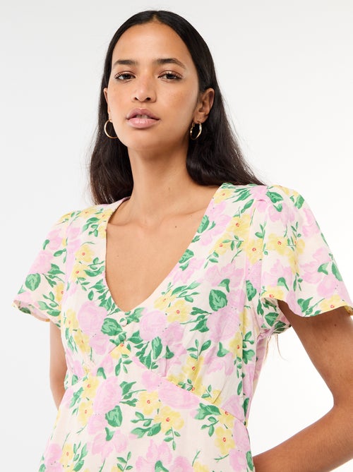 Korte jurk met vlindermouwen van katoen en linnen - Kiabi