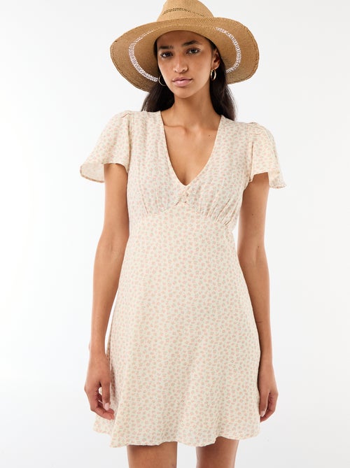 Korte jurk met vlindermouwen van katoen en linnen - Kiabi