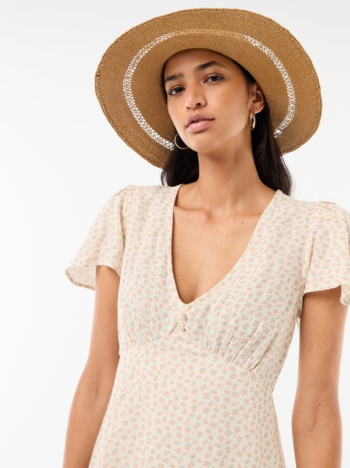 Korte jurk met vlindermouwen van katoen en linnen - Kiabi