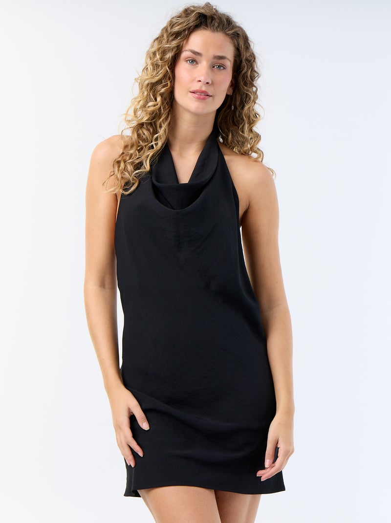 Korte jurk met watervalhals en halsband Zwart - Kiabi