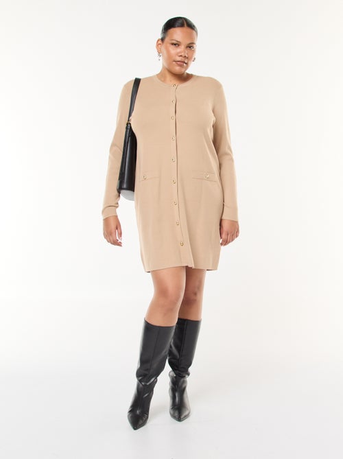 Korte jurk van dun tricot met V-hals en goudkleurige knopen - Kiabi