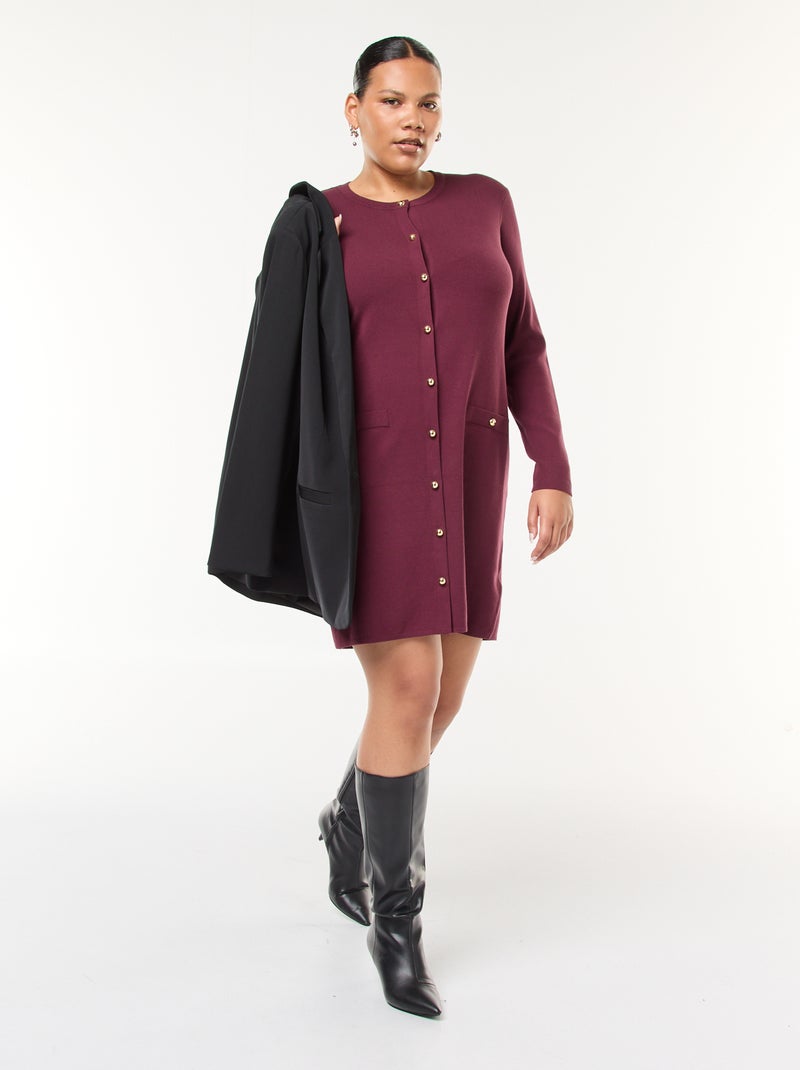 Korte jurk van dun tricot met V-hals en goudkleurige knopen Rood - Kiabi