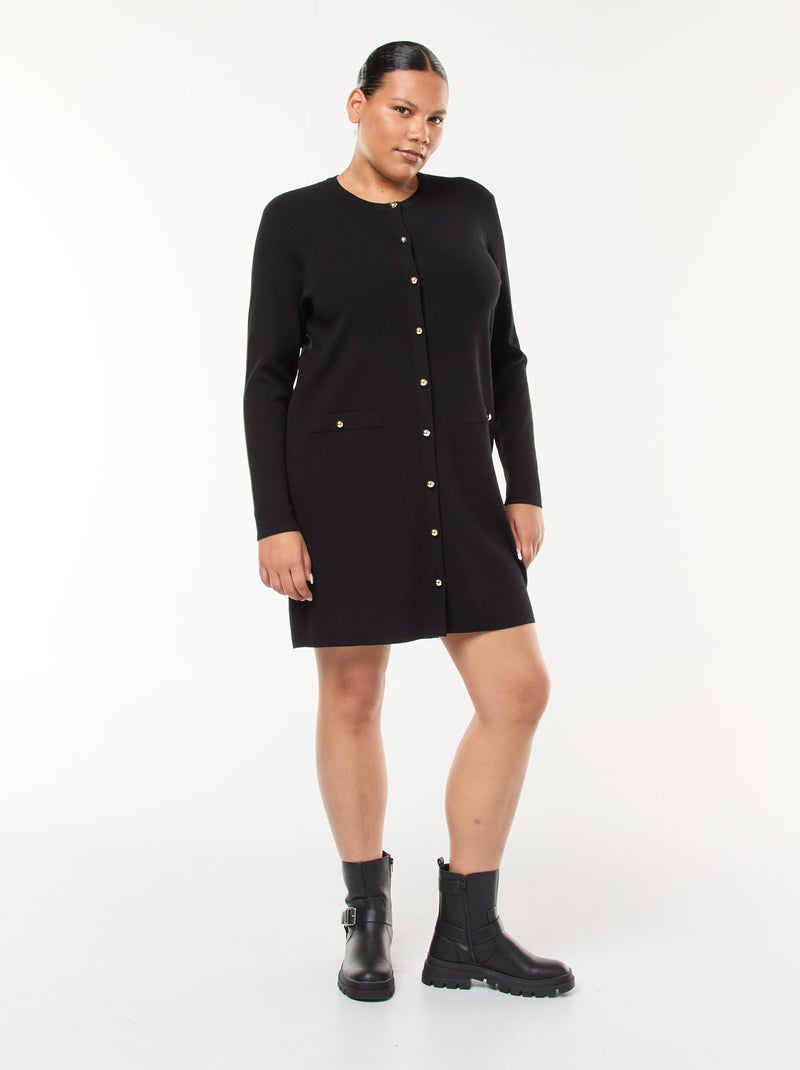 Korte jurk van dun tricot met V-hals en goudkleurige knopen zwart - Kiabi