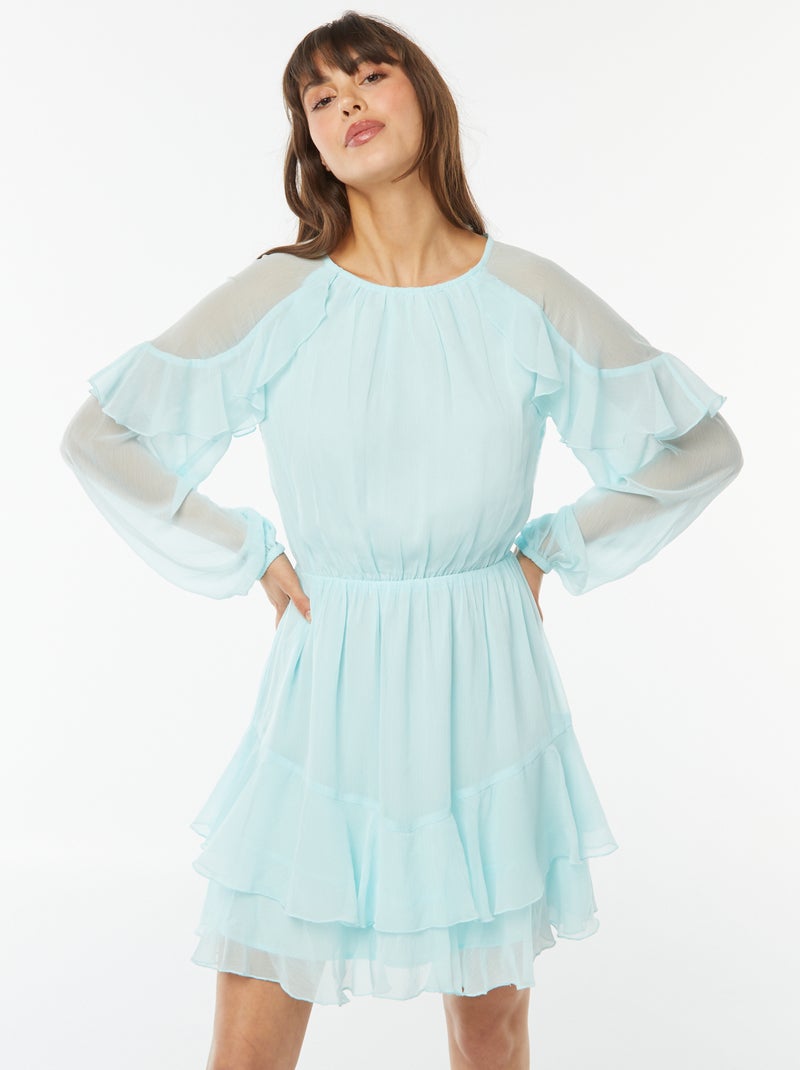 Korte jurk van voile met lange mouw Blauw - Kiabi