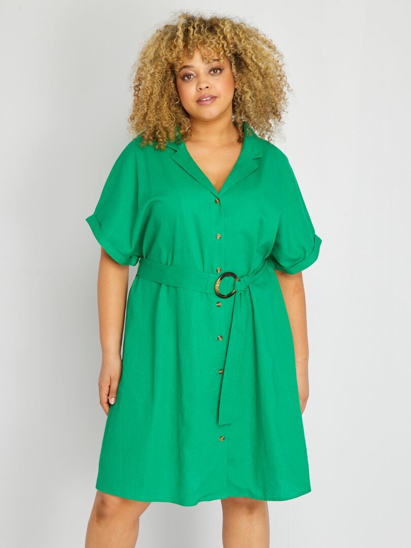 Korte, linnen jurk met ceintuur groen - Kiabi
