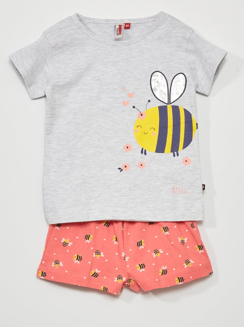 Korte pyjama met bijtjesprint - 2-delig grijs / roze - Kiabi