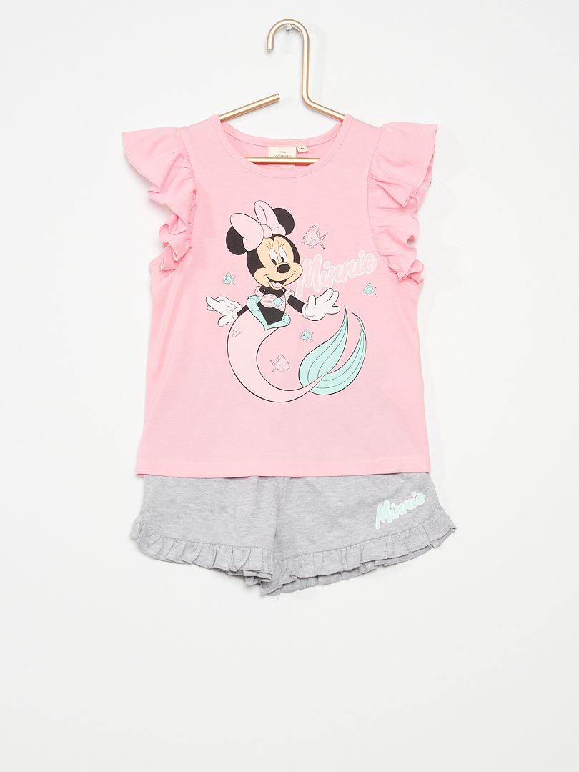 Korte pyjama met volants en Minnie-print roze / grijs - Kiabi