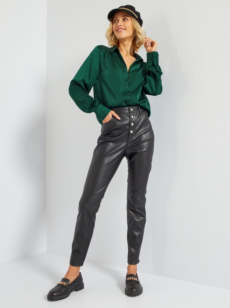 Korte, satijnen blouse grijs groen - Kiabi