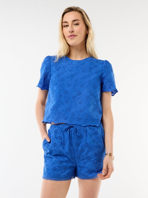 Korte short met Engels borduurwerk van effen katoen - Kiabi