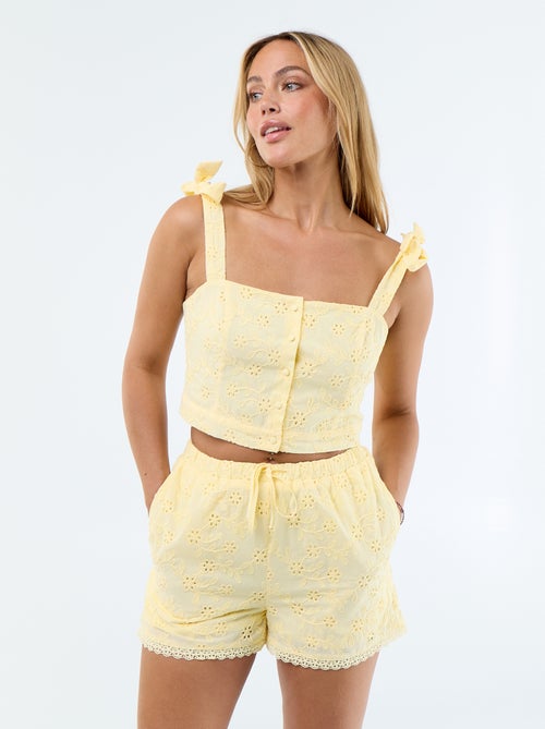 Korte short met Engels borduurwerk van effen katoen - Kiabi